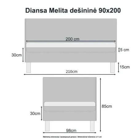 Lova Melita dešininė 90x200 Vinci 38 + čiužinys Comfy